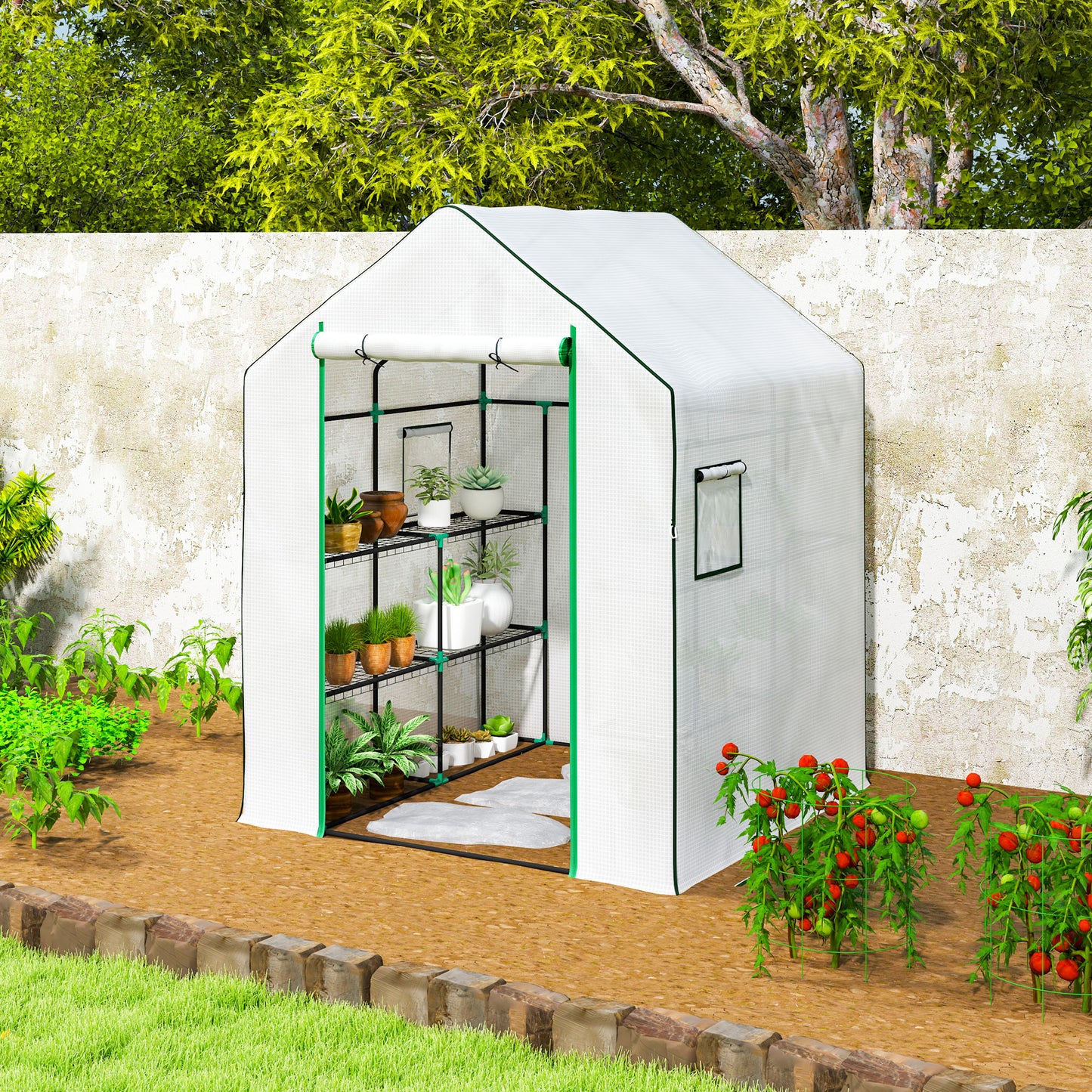 Outsunny Walk-in Greenhouse with 8 Shelves, Outdoor Small Greenhouse, White