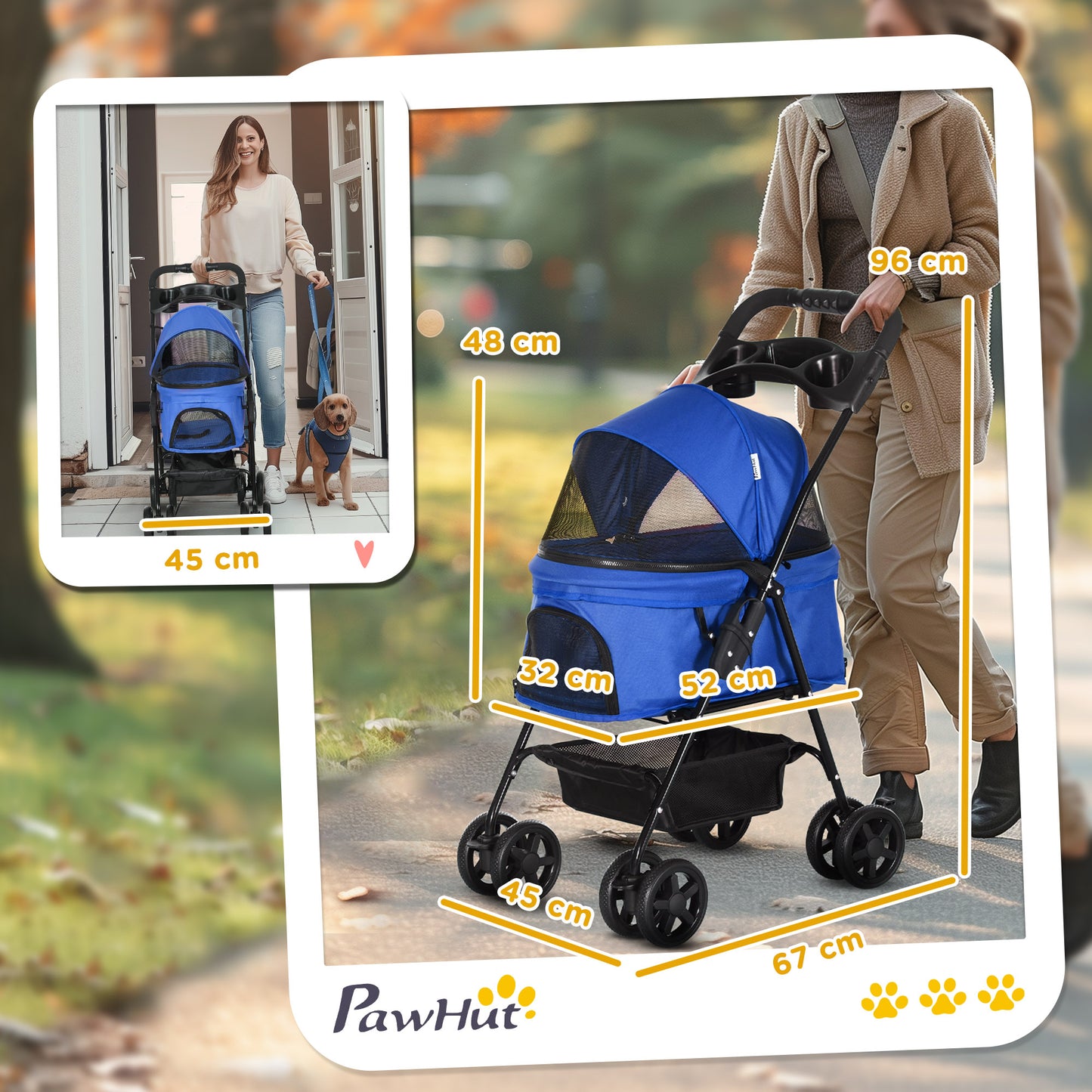 Pet Stroller Foldable Travel Carriage with Brake Basket Adjustable Canopy