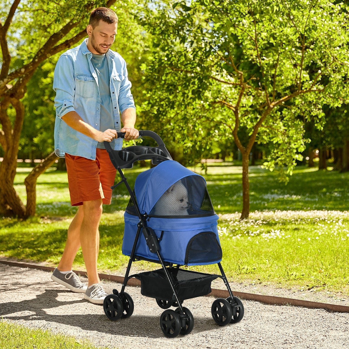 Pet Stroller Foldable Travel Carriage with Brake Basket Adjustable Canopy