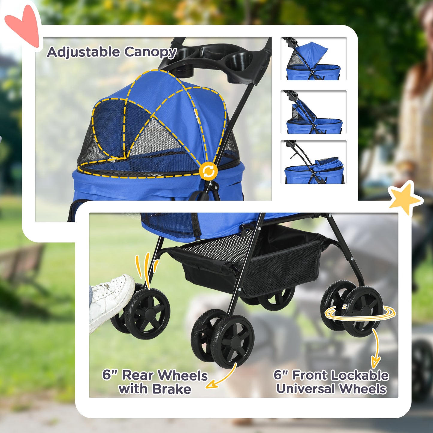 Pet Stroller Foldable Travel Carriage with Brake Basket Adjustable Canopy