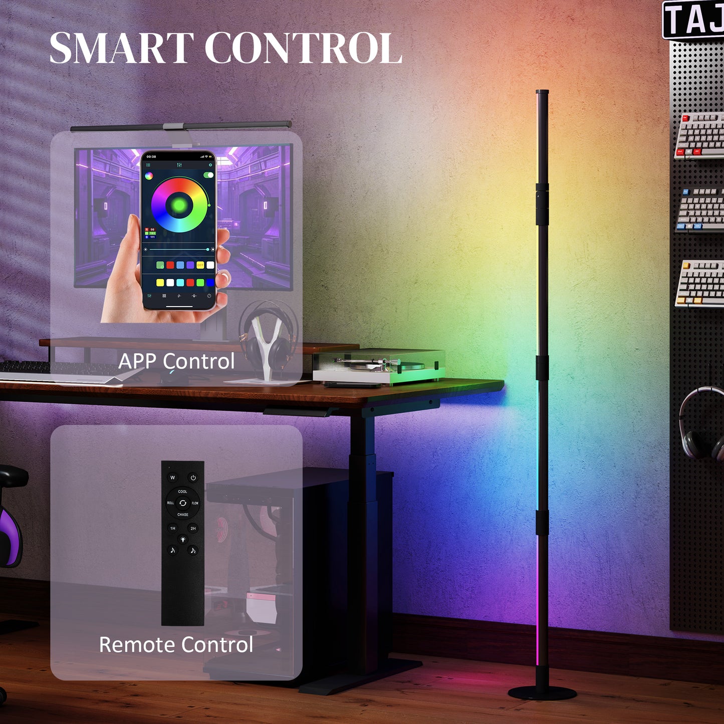 HOMCOM LED Floor Lamp, Corner Floor Lamp with App & Remote Control Dark Grey