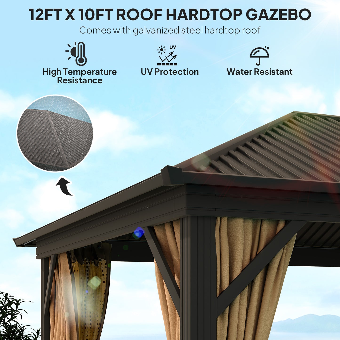 Outsunny 3.6 x 3(m) Metal Garden Hardtop Gazebo with Screened Curtain Brown