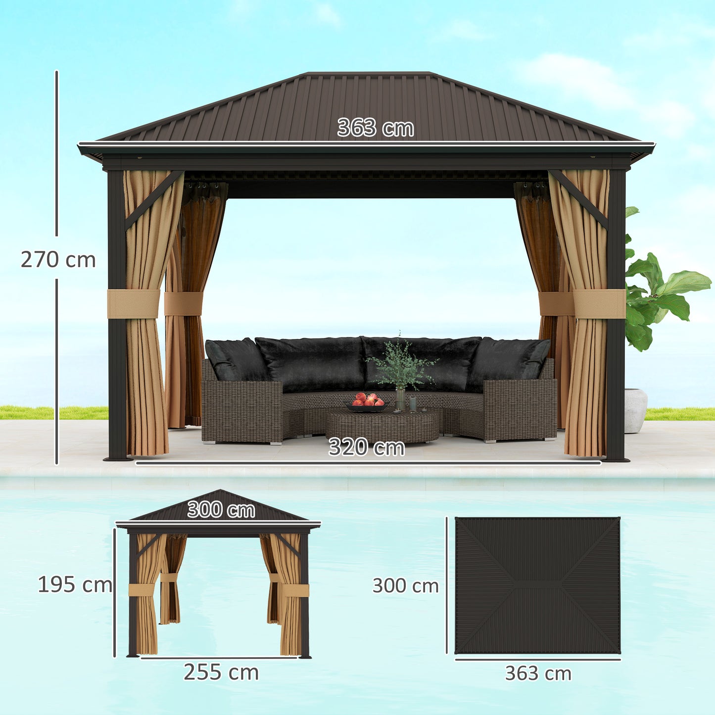 Outsunny 3.6 x 3(m) Metal Garden Hardtop Gazebo with Screened Curtain Brown