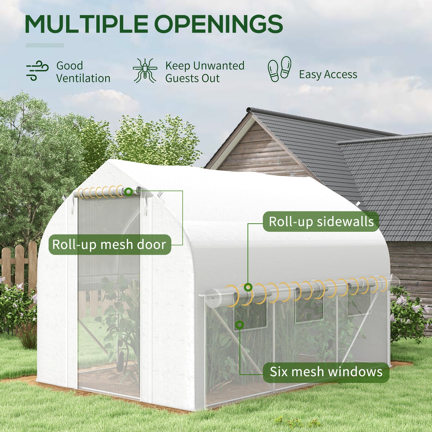 3 x 2m Polytunnel Greenhouse with Roll Up Sidewalls, Mesh Door, Plant Labels