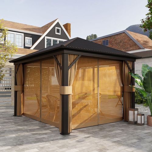 Outsunny 3.6 x 3(m) Metal Garden Hardtop Gazebo with Screened Curtain Brown
