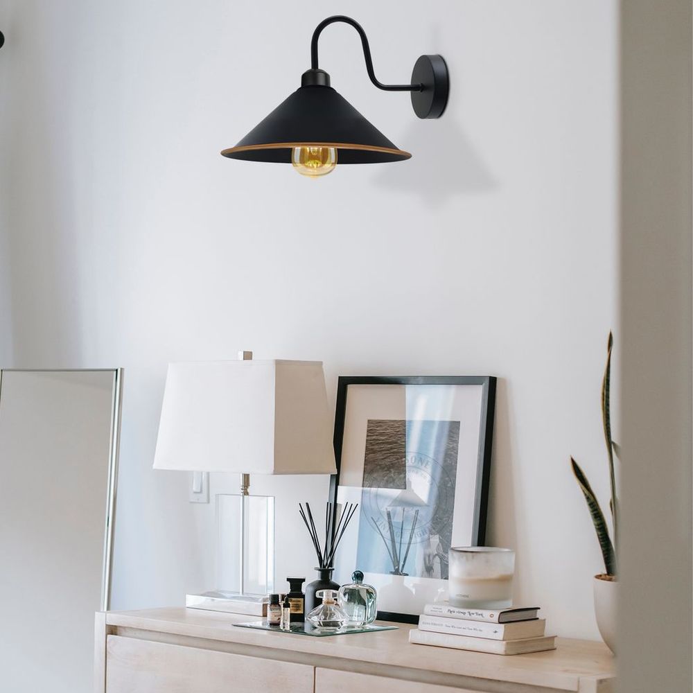 Black gold Wall Light Fixture,Black Wall Sconce E27 Base Socket Screw Type Wall Mounted Swan Neck Cone Shape Shade