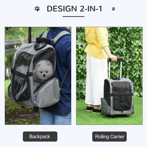 Pet Travel Backpack Bag Cat Dog Carrier w/ Trolley and Telescopic Wheel Grey