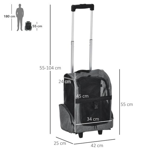 Pet Travel Backpack Bag Cat Dog Carrier w/ Trolley and Telescopic Wheel Grey