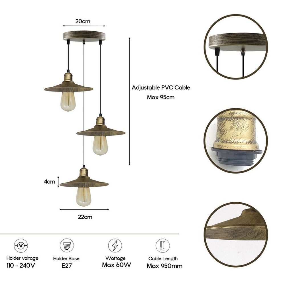 4 Head Vintage Industrial Brushed Brass Ceiling Pendant Easy Fit Light Metal 22cm Ceiling Lighting Shade