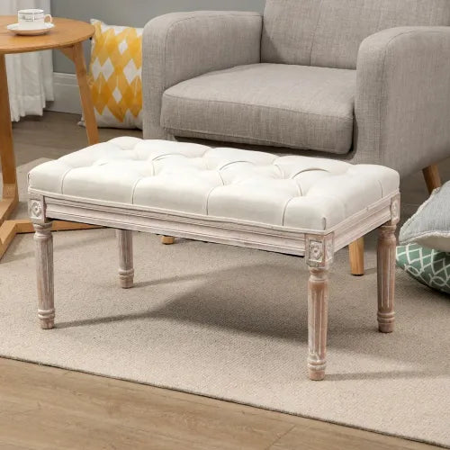 Accent Bench Tufted Upholstered Foot Stool Linen-Touch Fabric Ottoman Beige