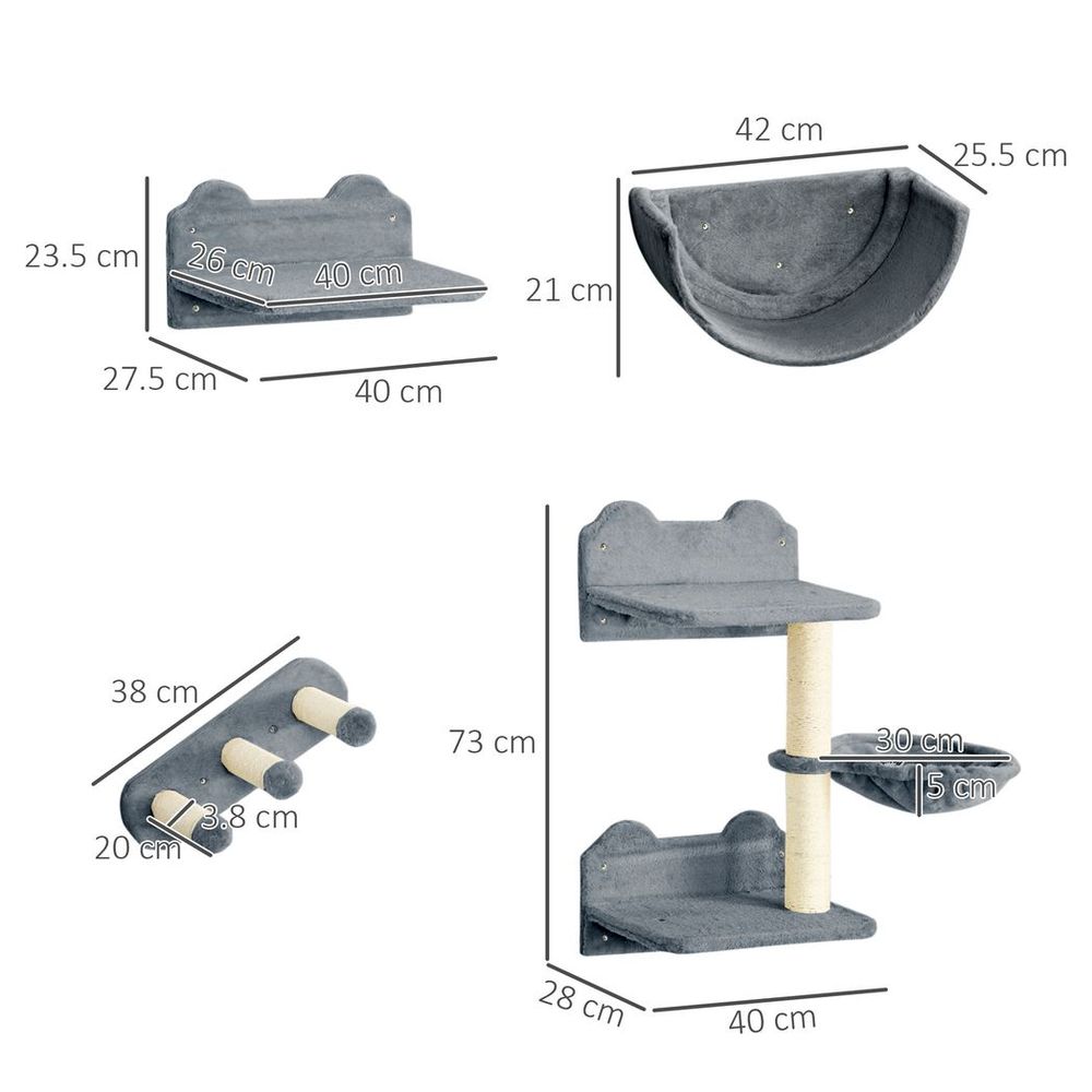 PawHut 4PCs Wall Mounted Cat Tree Cat Wall Shelves W/ Scratching Post Grey