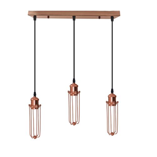3 Head Rectangle Rose Gold Ceiling E27 Pendant Light with Wire Cage, Industrial Vintage Hanging Lamp Fixture