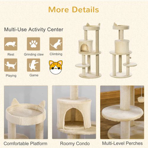 3-Tier Deluxe Cat Activity Tree Scratching Posts Kitten Beige Pawhut