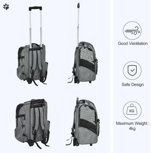 Pet Travel Backpack Bag Cat Dog Carrier w/ Trolley and Telescopic Wheel Grey