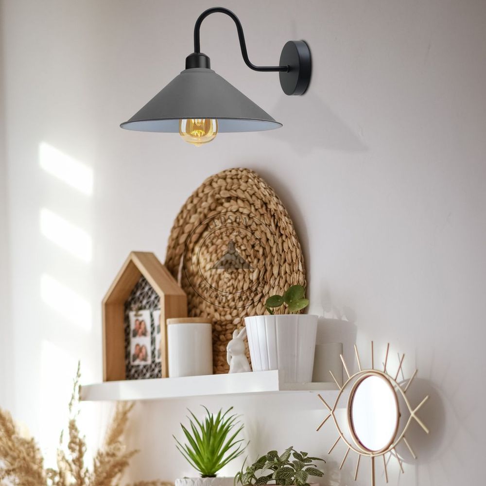 Grey Wall Light Fixture,Black Wall Sconce E27 Base Socket Screw Type Wall Mounted Swan Neck Cone Shape Shade