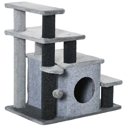 Cat Steps for Bed, Sofa Adjustable Height w/ Hanging Ball - Grey Pawhut
