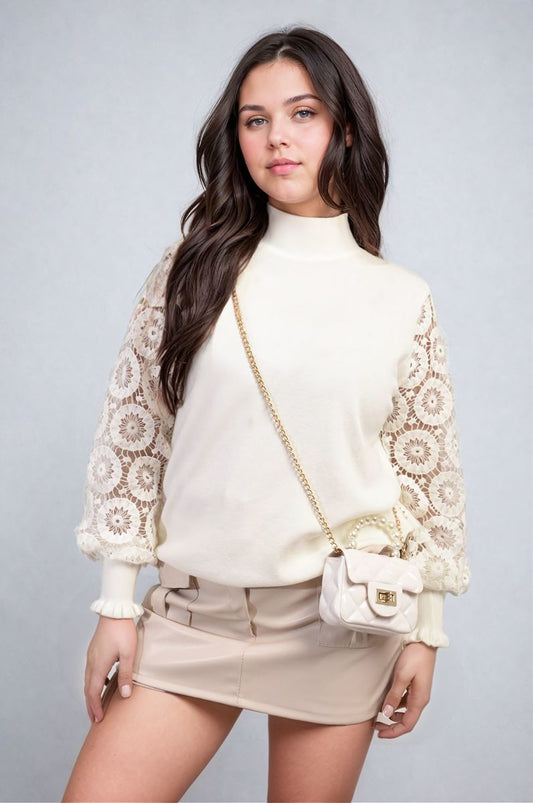 High Neck Knit Crochet Sleeve Jumper