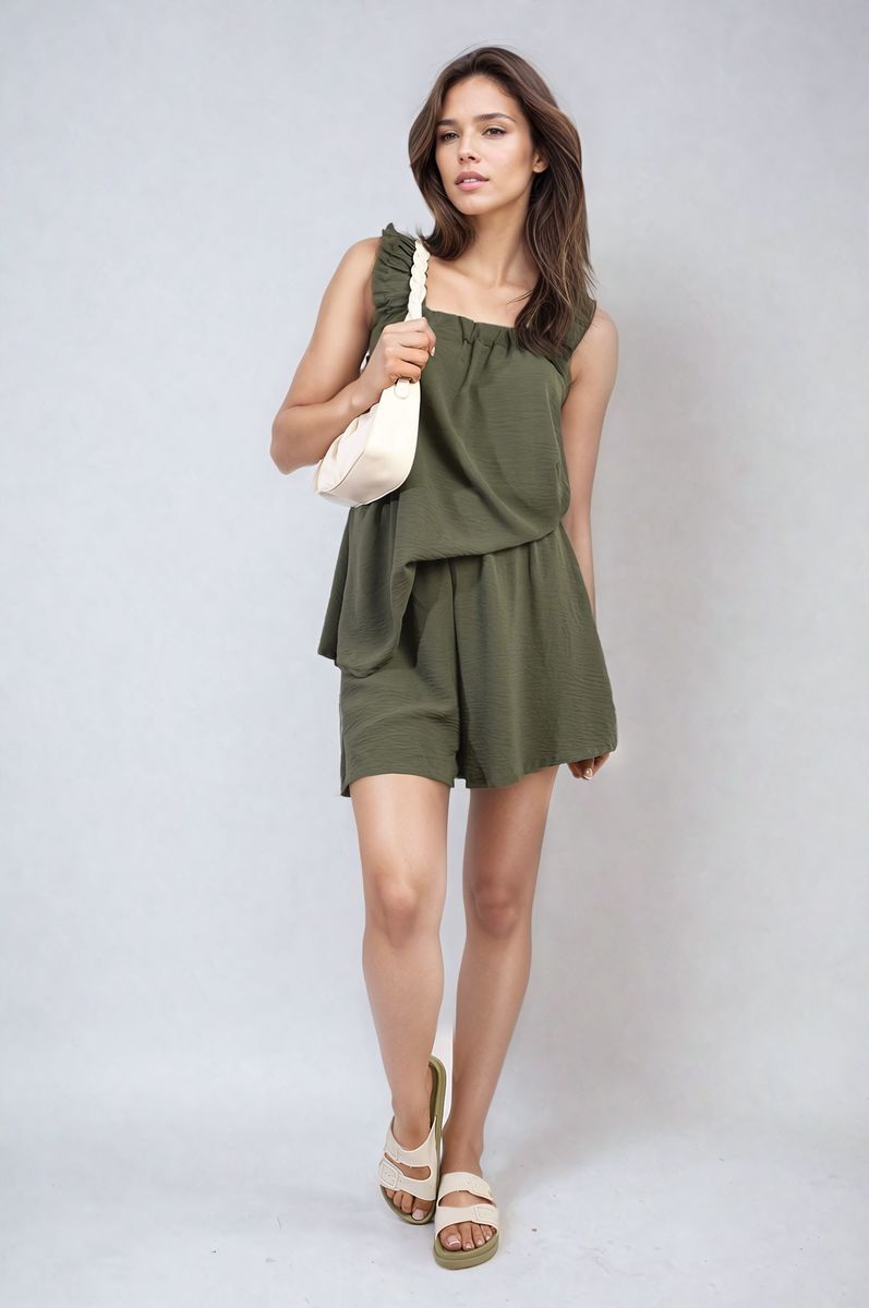 Square-Neck Ruffle Sleeveless Top & Shorts Co-ord