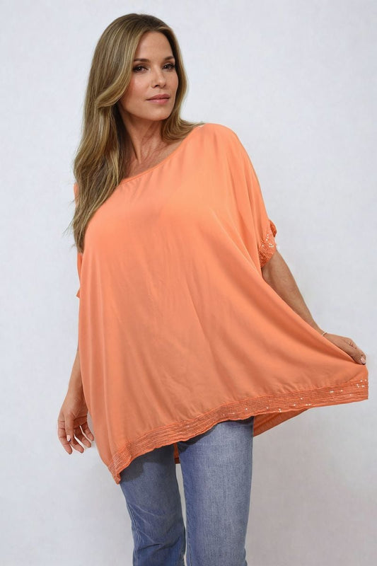 Oversized Sequin Hem Flare Sleeve Top