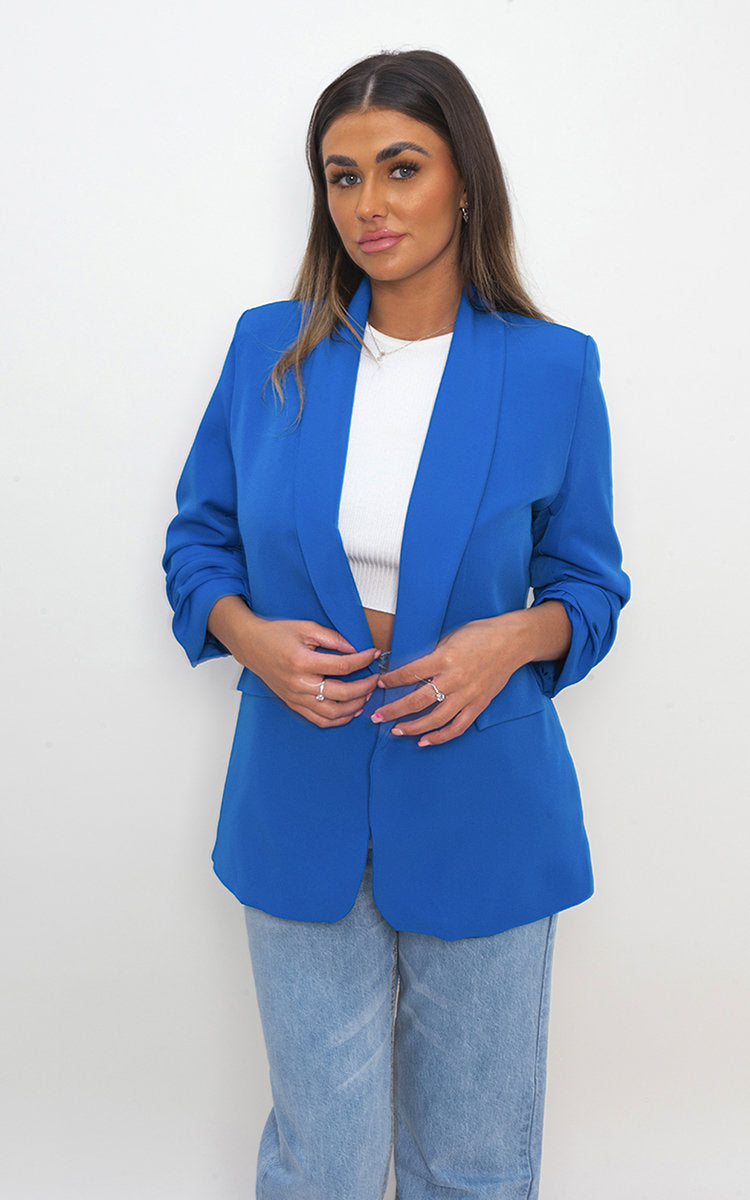 Ruched Sleeve Casual Blazer with Side Pockets