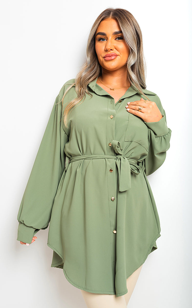 Oversized Button Front Belted Top