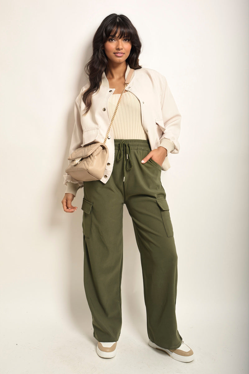 Wide Leg Drawstring Waist Flap Pocket Trouser