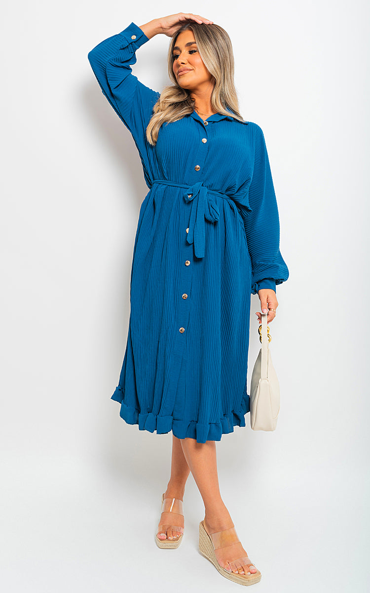 Pleated Frill Button Tie Waist Midi Dress