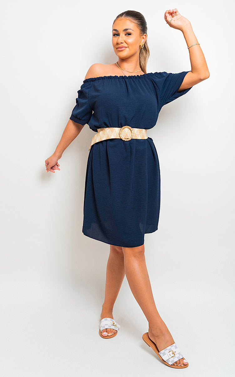 Off Shoulder Belted Mini Dress