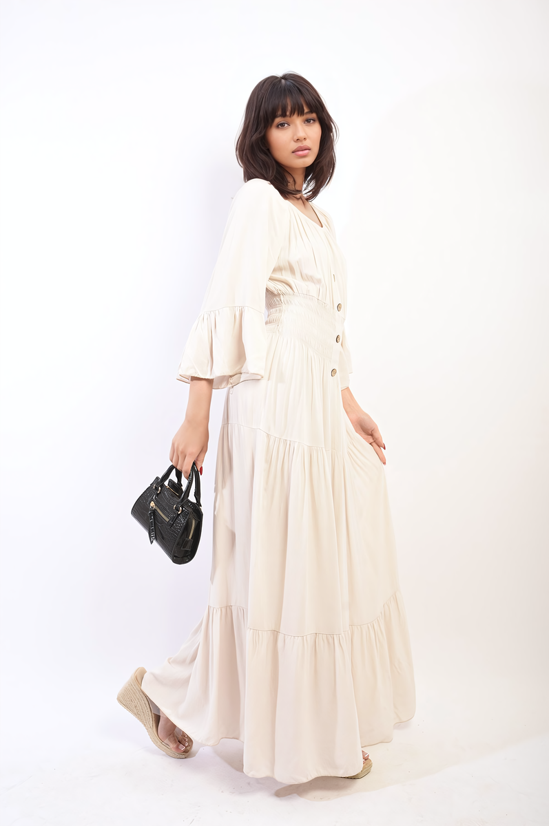 Ruffle Hem Sleeve Shirred Waist Tiered Maxi Dress