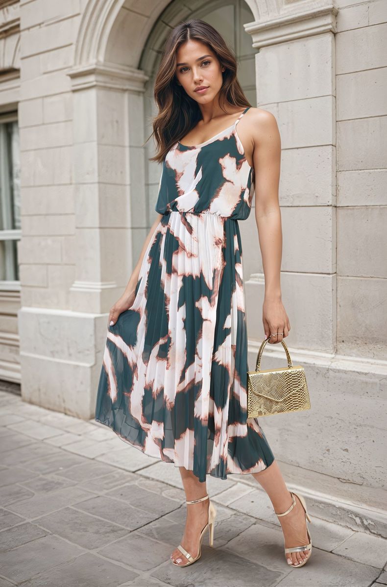 Printed Strappy Pleated Midi Dress