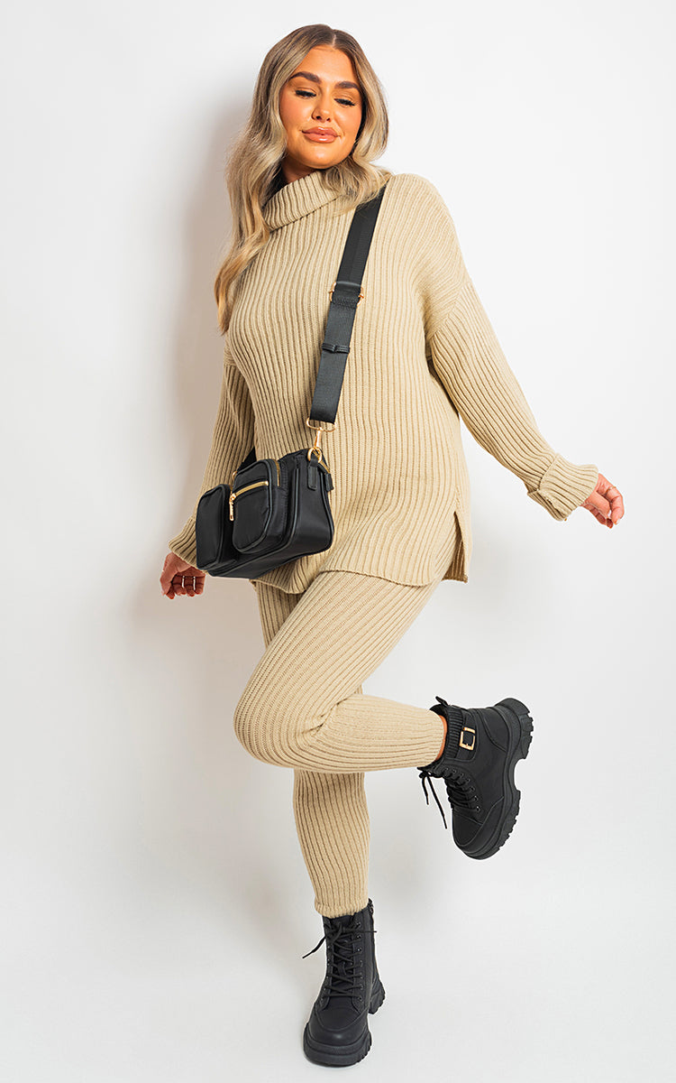 Chunky Knitted High Roll Neck Top Bottom Co-ord Set