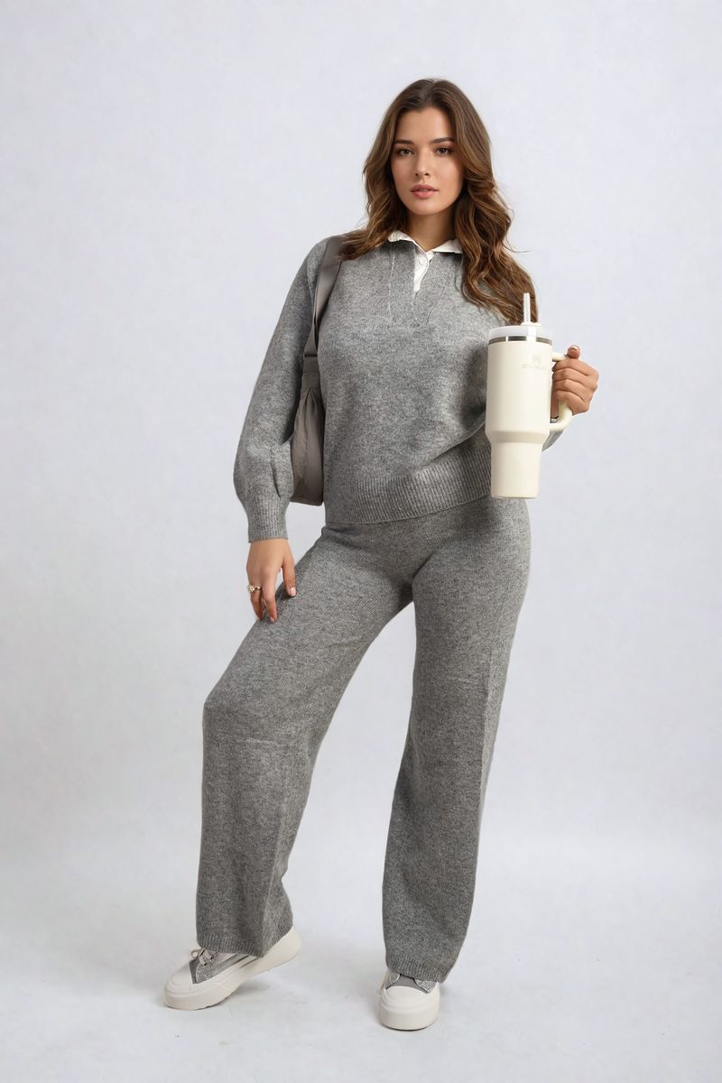 Long Sleeve Knitted Collar Top and Wide Leg Pants Co-ord Set