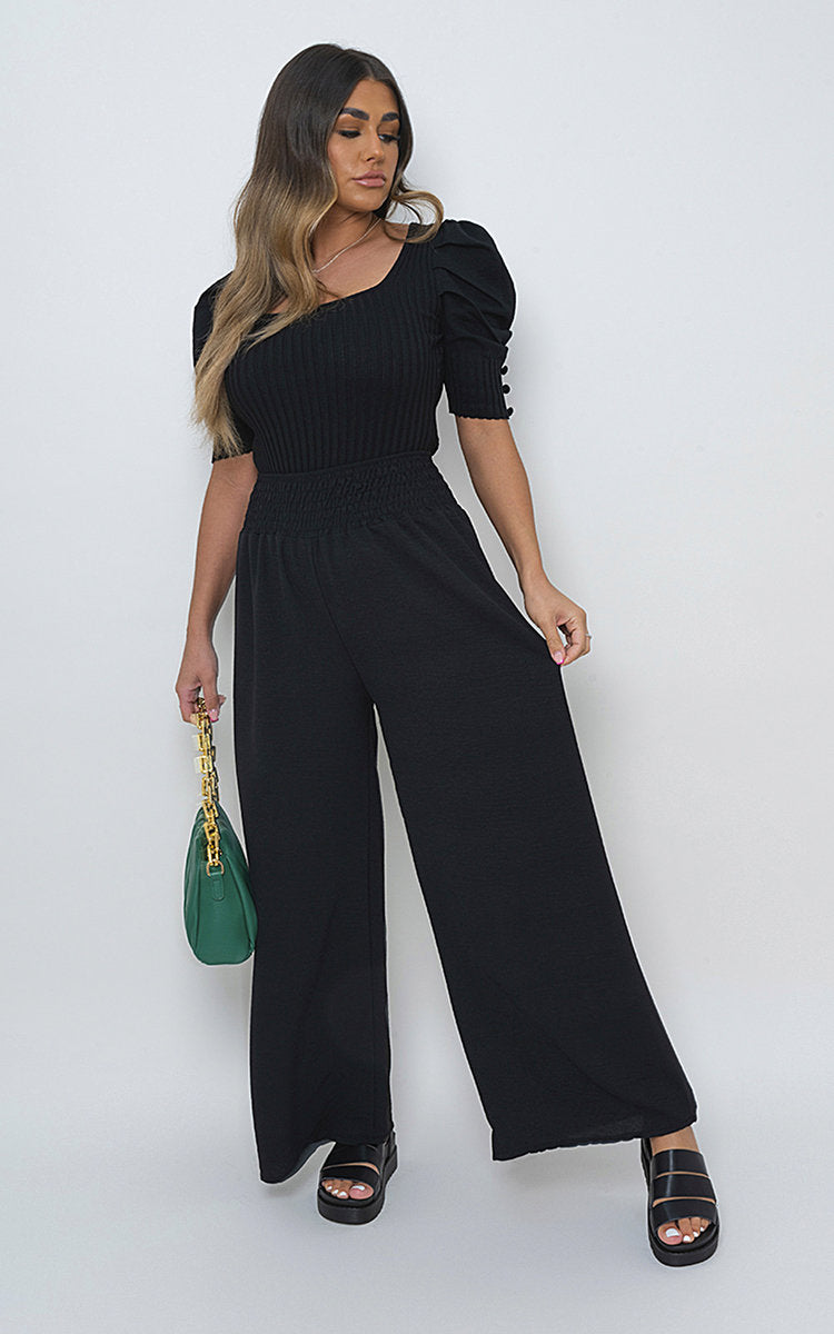 Elastic High Waist Wide Leg Trousers