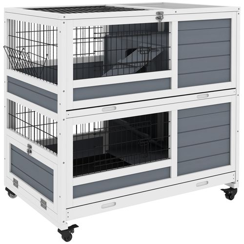 PawHut Double Deckers Indoor Rabbit Hutch w/ Feeding Trough, Slide-Out Trays