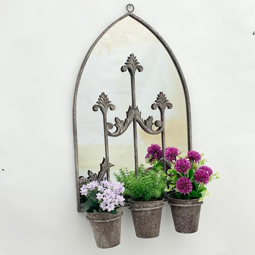 60cm RUSTY WALL MIRROR WITH TRIPLE PLANTER