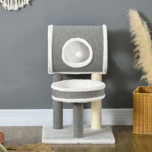 PawHut Cat Tower with Scratching Post, Cat Bed, Cat Tunnel, Toy Ball - White