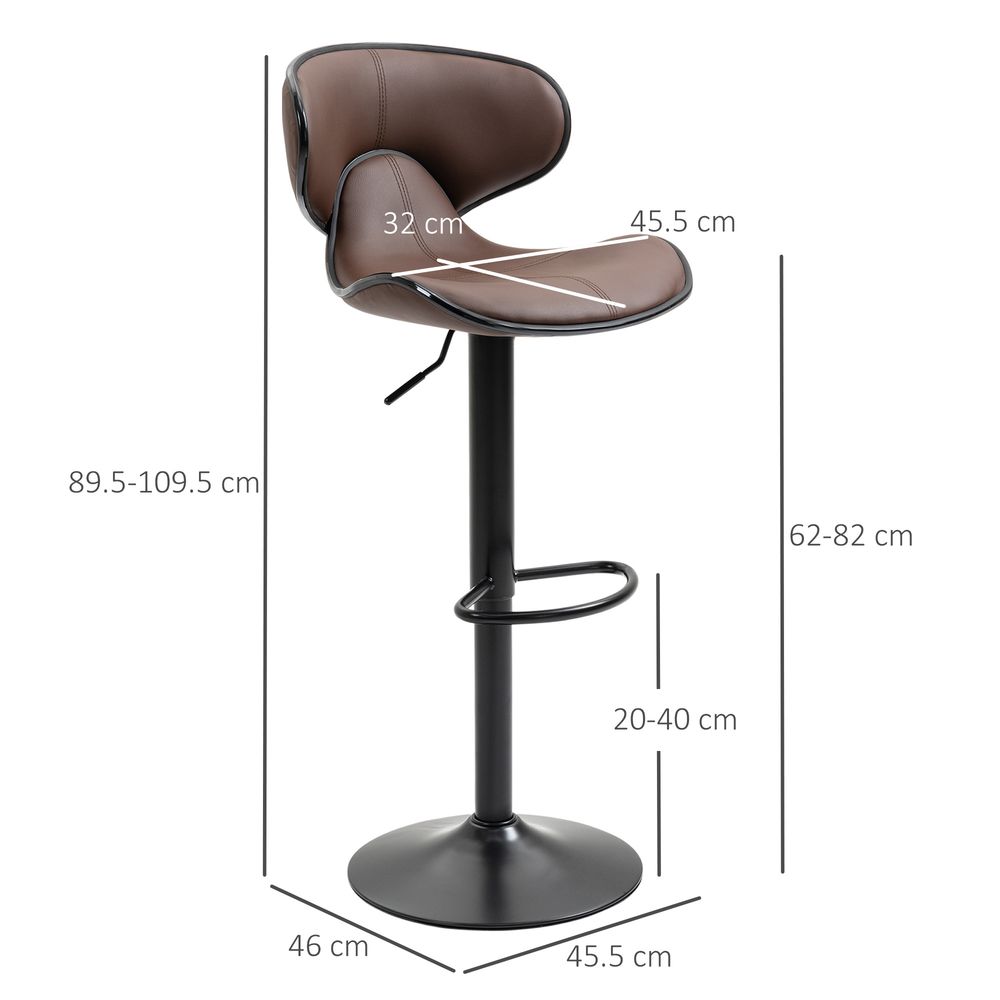 Set of 2, Barstools with Footrest and Backrest, Steel Frame Gas Lift Brown