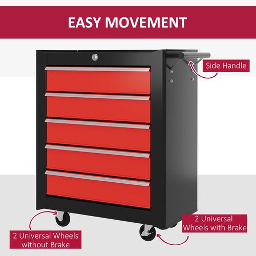 HOMCOM 5-Drawer Tool Chest Steel Lockable Tool Storage Cabinet w/ Wheels Red