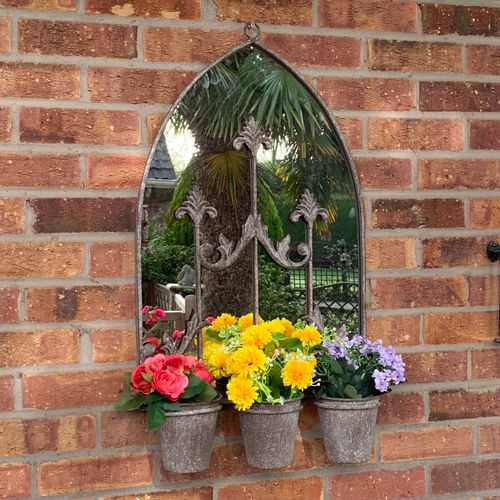 60cm RUSTY WALL MIRROR WITH TRIPLE PLANTER