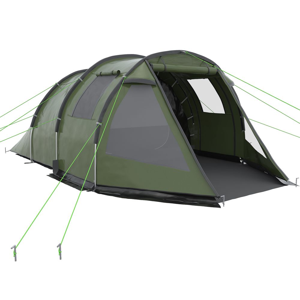 Outsunny 3-4 Persons Tunnel Tent, Two Room Camping Tent w/ Windows, Green