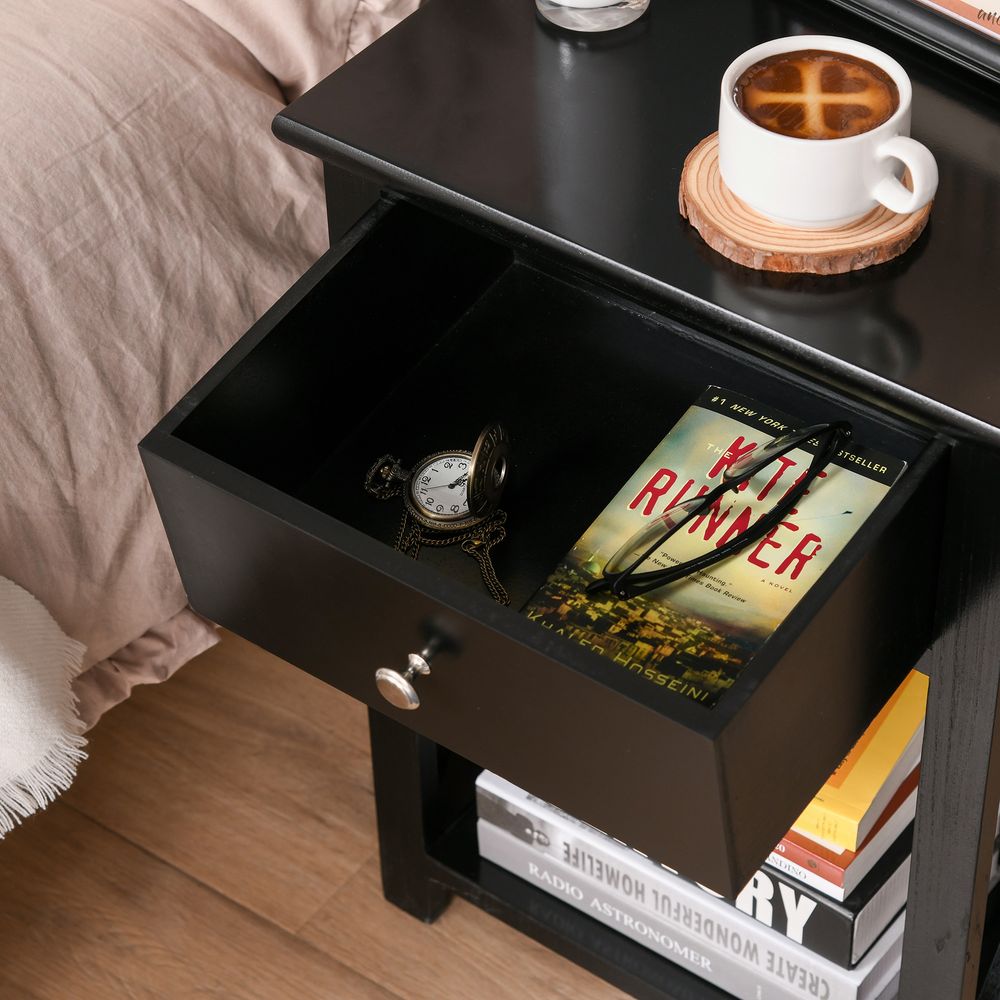 MDF 2-Tier Side Table w/ Drawer Black