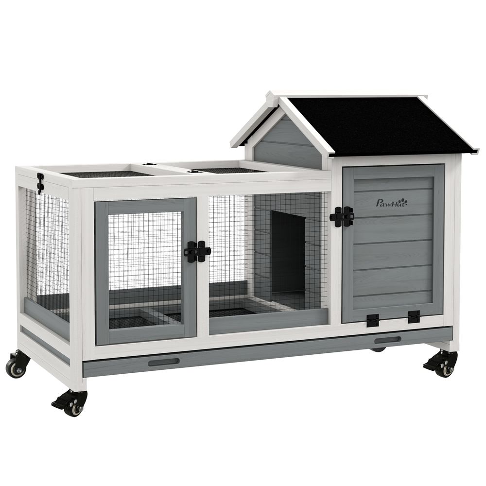 PawHut Wooden Rabbit Hutch, Small Animal  House w/ Wheels, Removable Tray - Grey