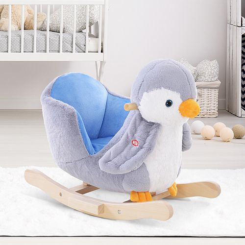 Animal Baby Rocking Horse Penguin Plush Musical Button w/32 Songs Wood