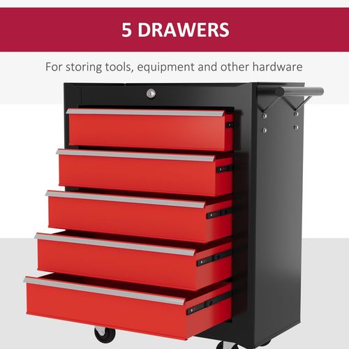 HOMCOM 5-Drawer Tool Chest Steel Lockable Tool Storage Cabinet w/ Wheels Red