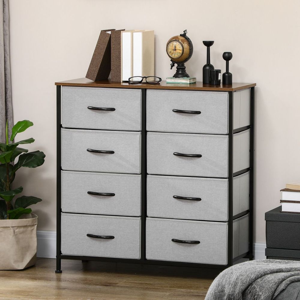 HOMCOM 8 Drawer Fabric Chest of Drawers w/ Wooden Top for Closet Hallway Grey