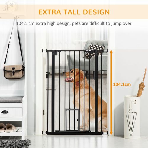 PawHut Extra Tall Dog Gate with Cat Door Auto Close for Stairs 74-101 cm Wide