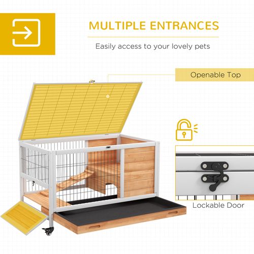 PawHut Wood Indoor Rabbit Hutch 2-Floor Design w/ Wheels, Yellow