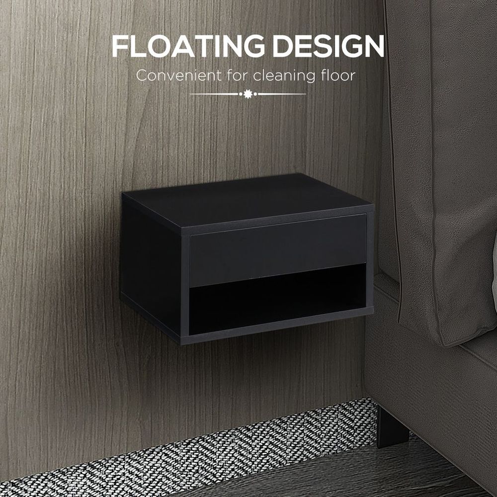 HOMCOM Floating Bedside Table Set of 2 Wall Mounted Nightstand W/ Drawer Black