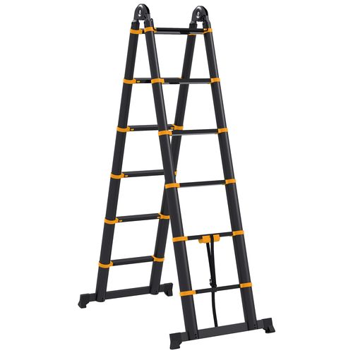 HOMCOM 3.8M Duo Aluminium Ladder Tool Holder Herringbone Deployed, Yellow