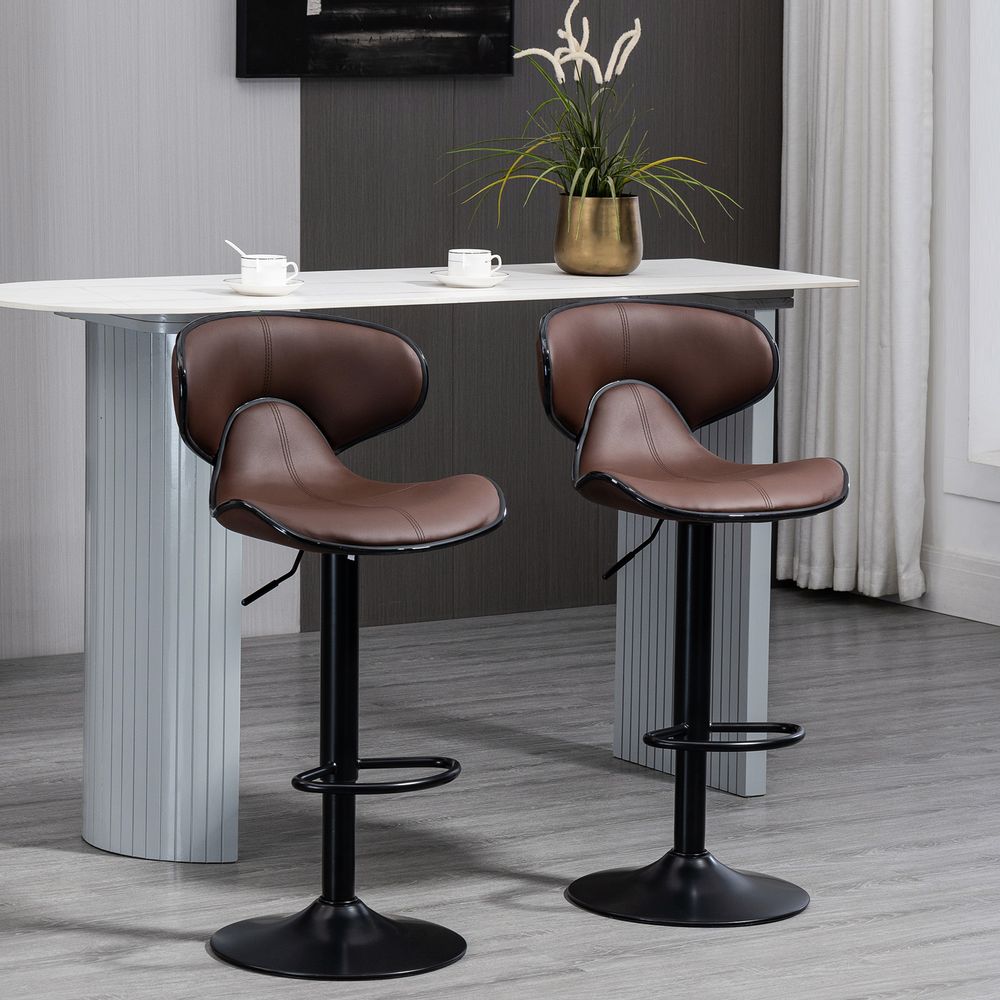 Set of 2, Barstools with Footrest and Backrest, Steel Frame Gas Lift Brown